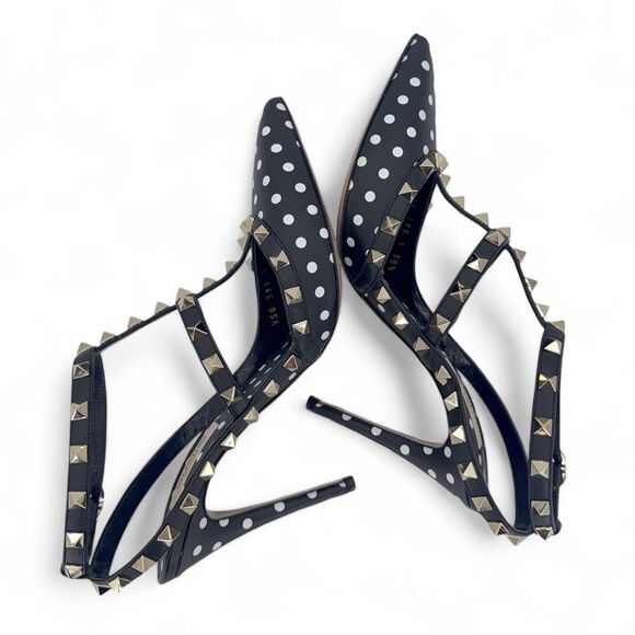 VALENTINO GARAVANI Black Ankle Strap Rockstud White Polkadot Sandals Siz… - Picture 9 of 15